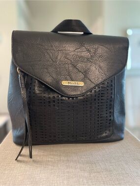 Mudd Black Faux Leather Laser-Cut Backpack with Tassel